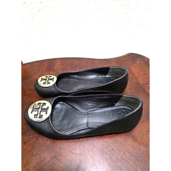 Tory Burch Black Leather Gold Logo Flats Women's Size 8 - Picture 4 of 12